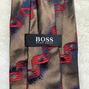 Vintage Hugo Boss Men's 90's Y2K Silk Brown Red Abstract Print Tie